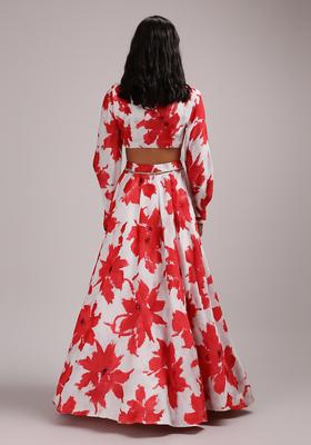 Red Printed Crepe Lehenga Set