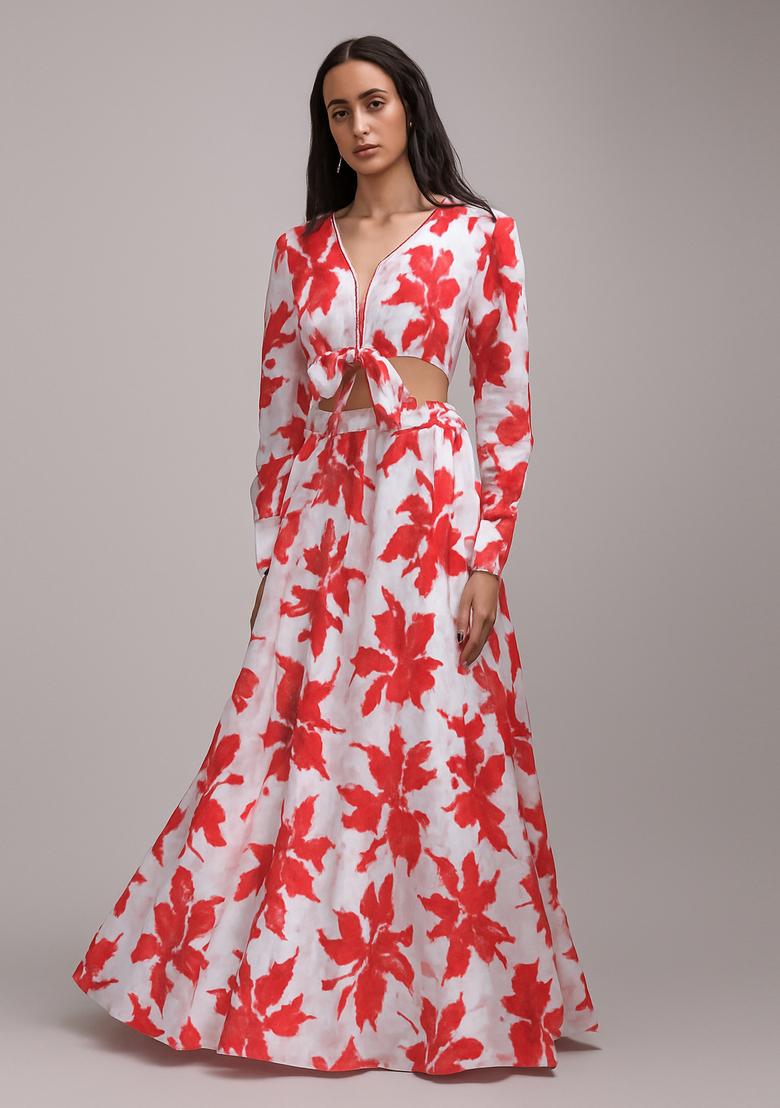 Red Printed Crepe Lehenga Set