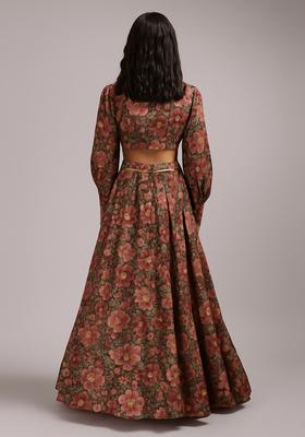 Brown Printed Crepe Lehenga Set