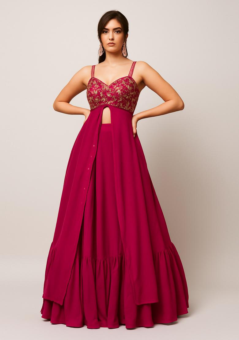 Pink Embroidered Blouse Georgette Lehenga Set