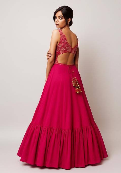Pink Embroidered Blouse Georgette Lehenga Set