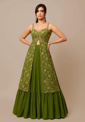 Green Embellished Georgette Lehenga Set