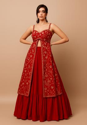 Red Embellished Georgette Lehenga Set