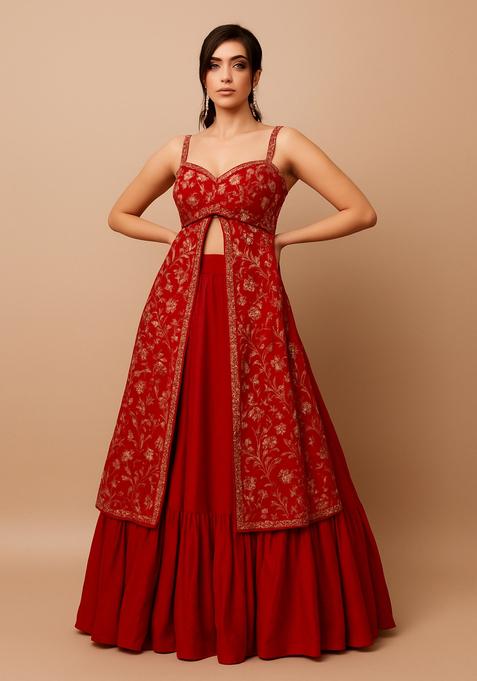 Red Embellished Georgette Lehenga Set