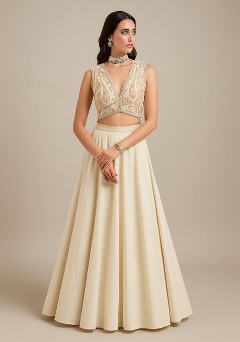 Off White Embroidered Cotton Lehenga Set