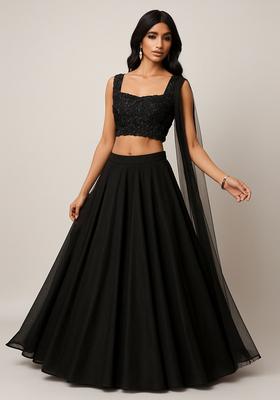 Black Embroidered Polyester Lehenga Set