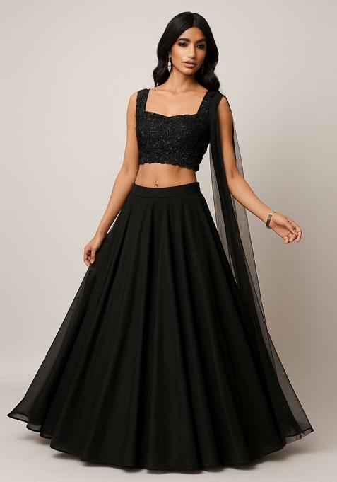 Black Embroidered Polyester Lehenga Set