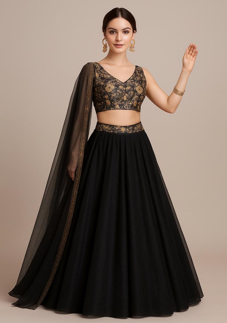 Black Printed Georgette Lehenga Set