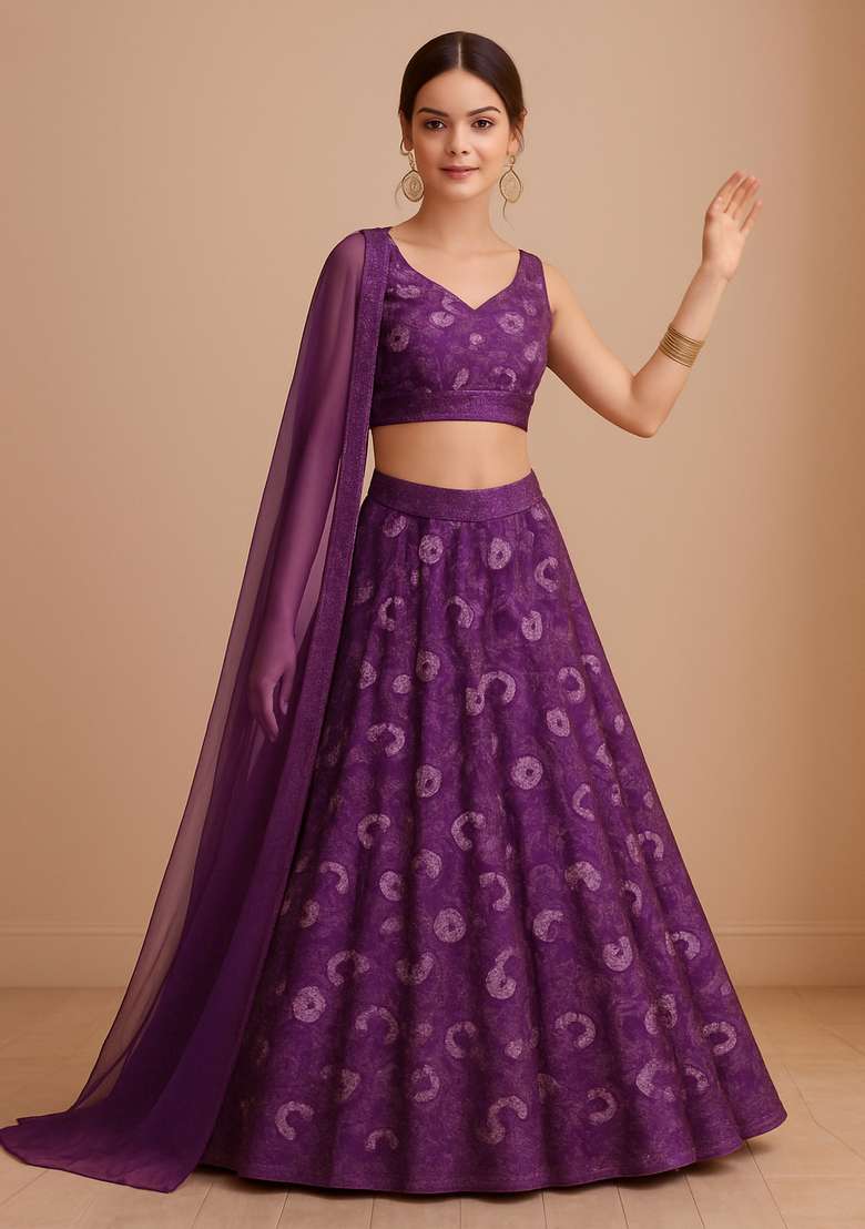 Purple Embellished Georgette Lehenga Set - Indya