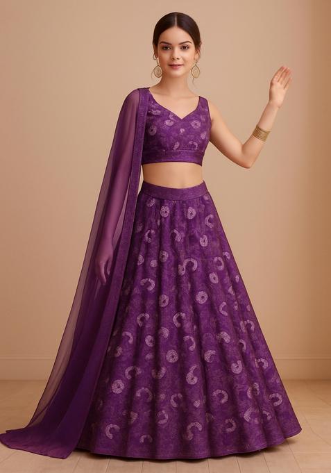 Purple Embellished Georgette Lehenga Set