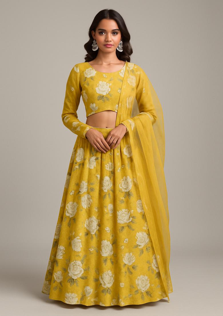 Yellow Printed Georgette Lehenga Set