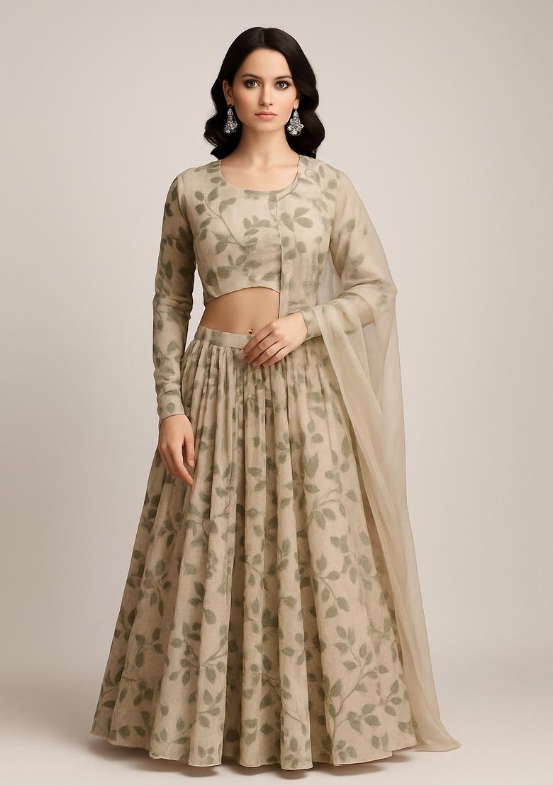 Olive Green Printed Georgette Lehenga Set