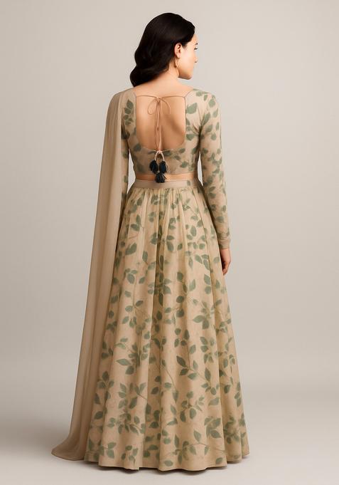 Olive Green Printed Georgette Lehenga Set