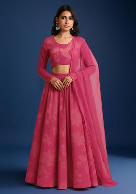 Pink Printed Georgette Lehenga Set