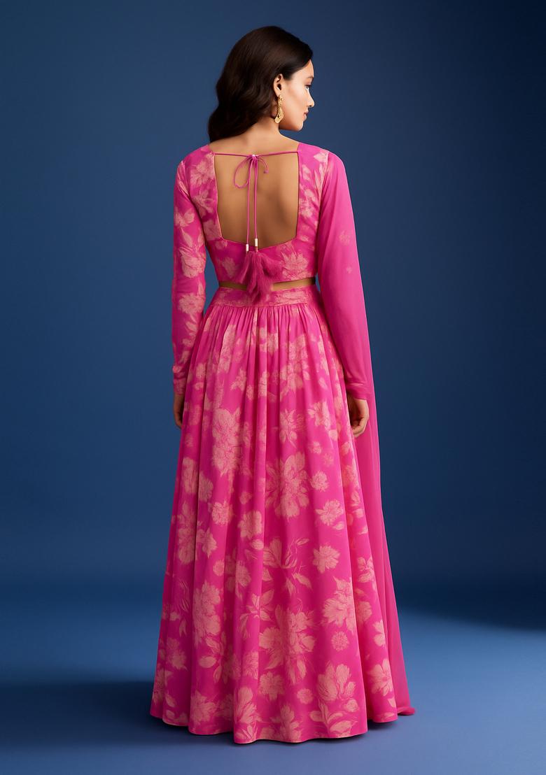 Pink Printed Georgette Lehenga Set