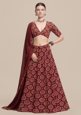 Purple Printed Georgette Lehenga Set
