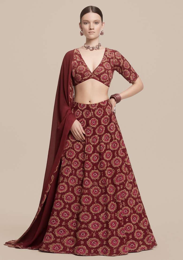 Purple Printed Georgette Lehenga Set - Indya