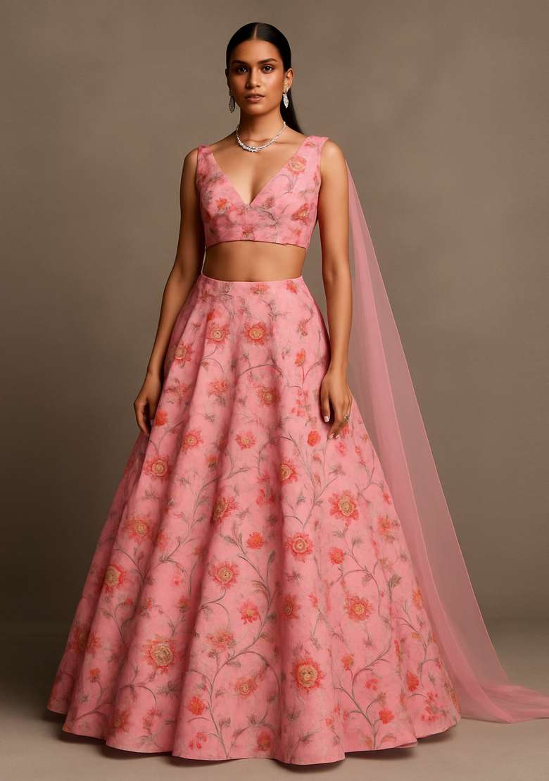 Pink Embroidered Organza Lehenga Set - Indya