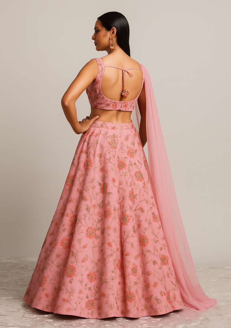 Pink Embroidered Organza Lehenga Set - Indya