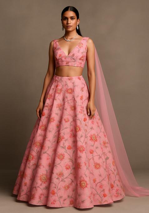 Pink Embroidered Organza Lehenga Set
