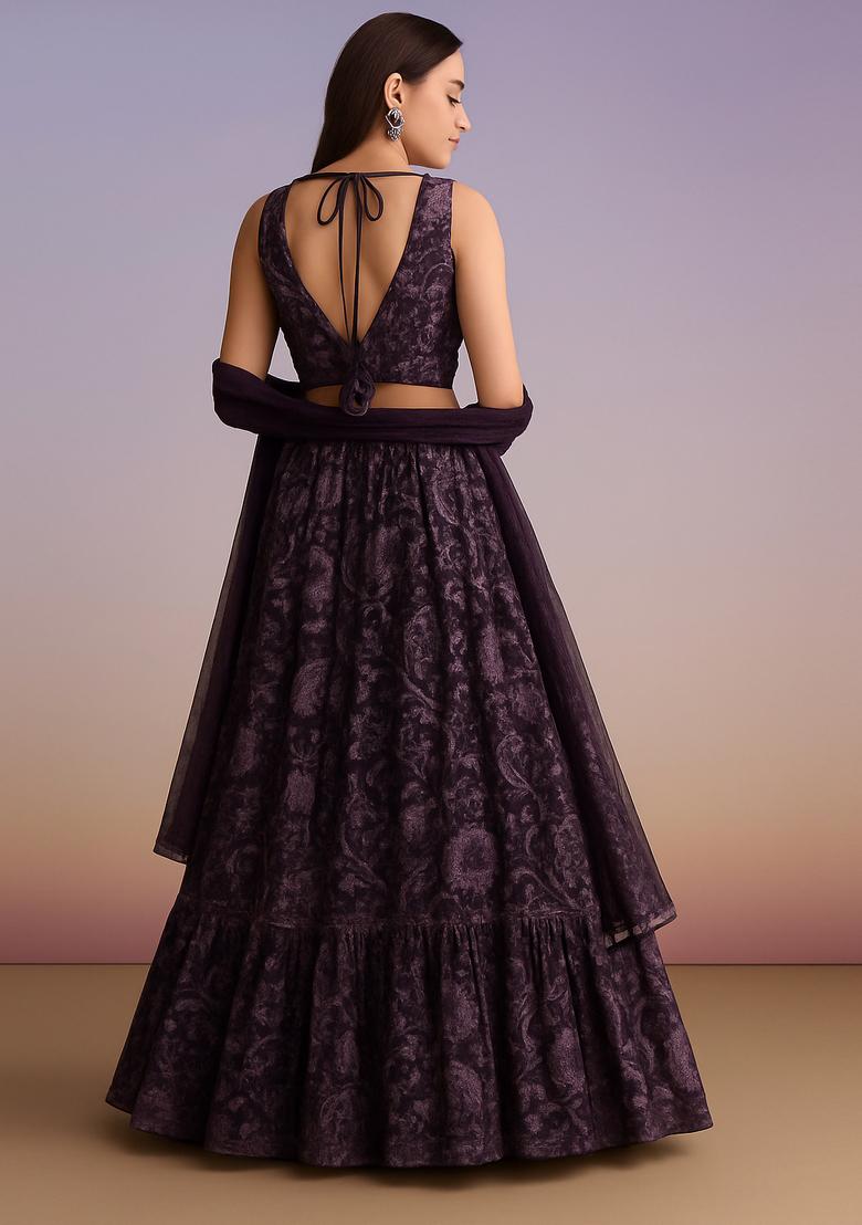 Wine Embroidered Georgette Lehenga Set