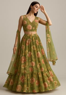 Green Embroidered Georgette Lehenga Set