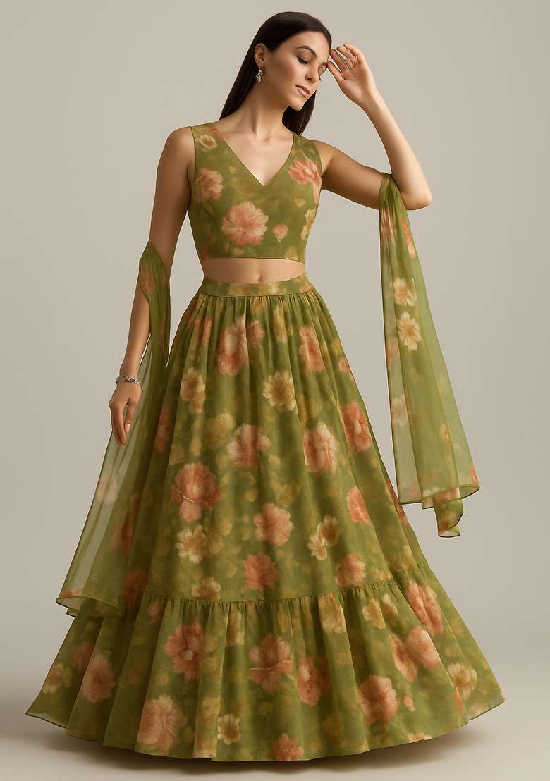 Green Embroidered Georgette Lehenga Set for Diwali and Festive Wear - Indya