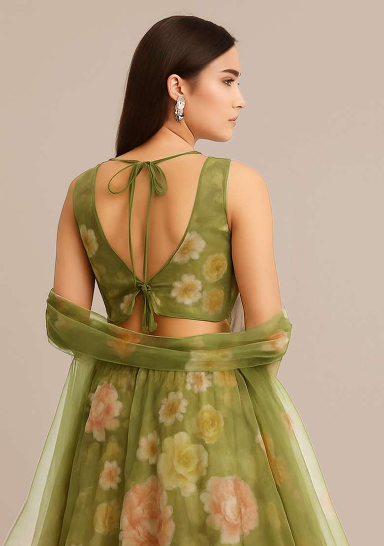Green Embroidered Georgette Lehenga Set for Diwali and Festive Wear - Indya