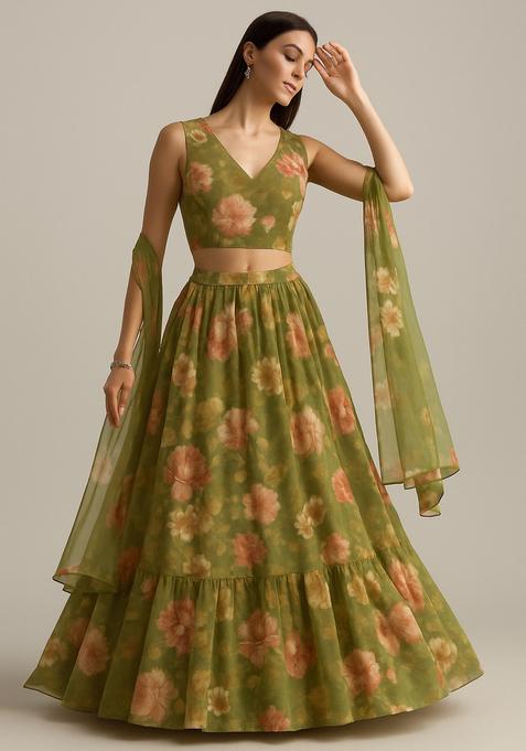 Green Embroidered Georgette Lehenga Set