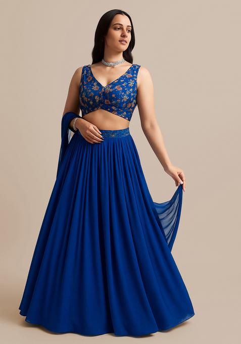 Blue Printed Georgette Lehenga Set