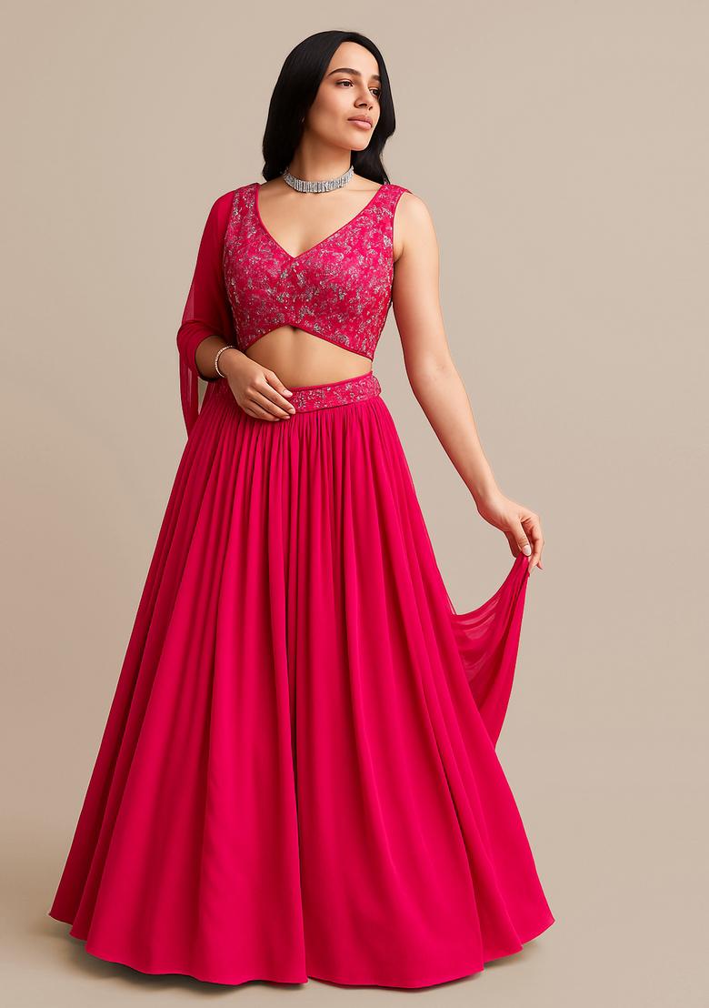 Pink Embroidered Georgette Lehenga Set