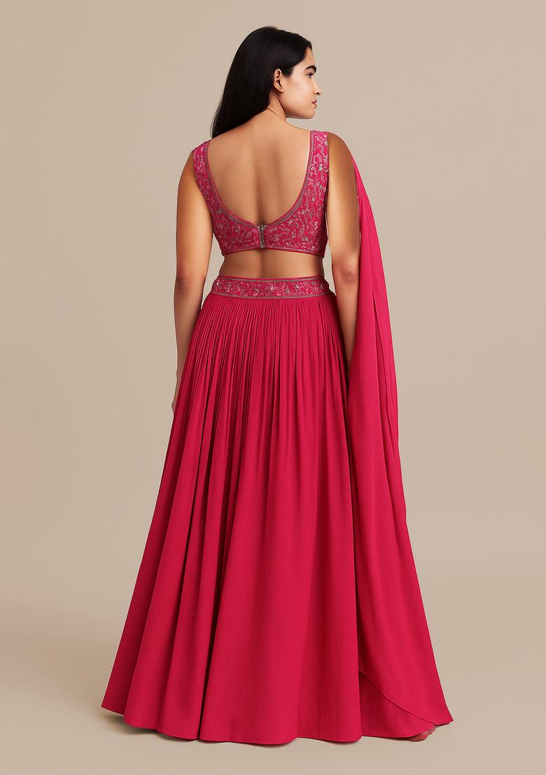 Pink Embroidered Georgette Lehenga Set