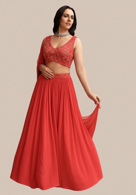 Orange Embellished Georgette Lehenga Set