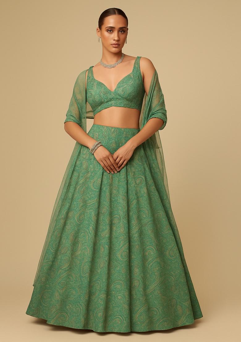 Green Printed Georgette Lehenga Set