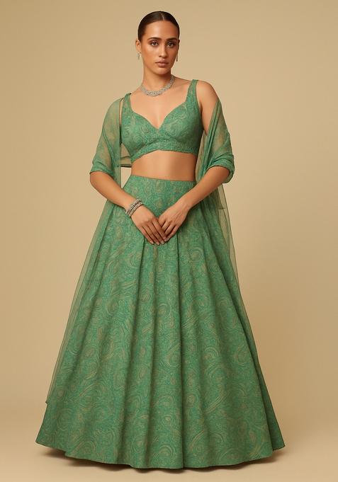 Green Printed Georgette Lehenga Set