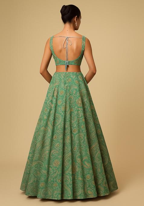 Green Printed Georgette Lehenga Set