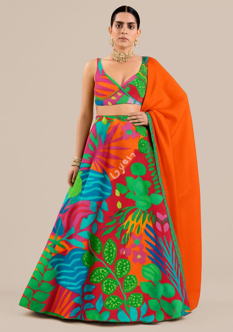 Multicolor Printed Organza Lehenga Set