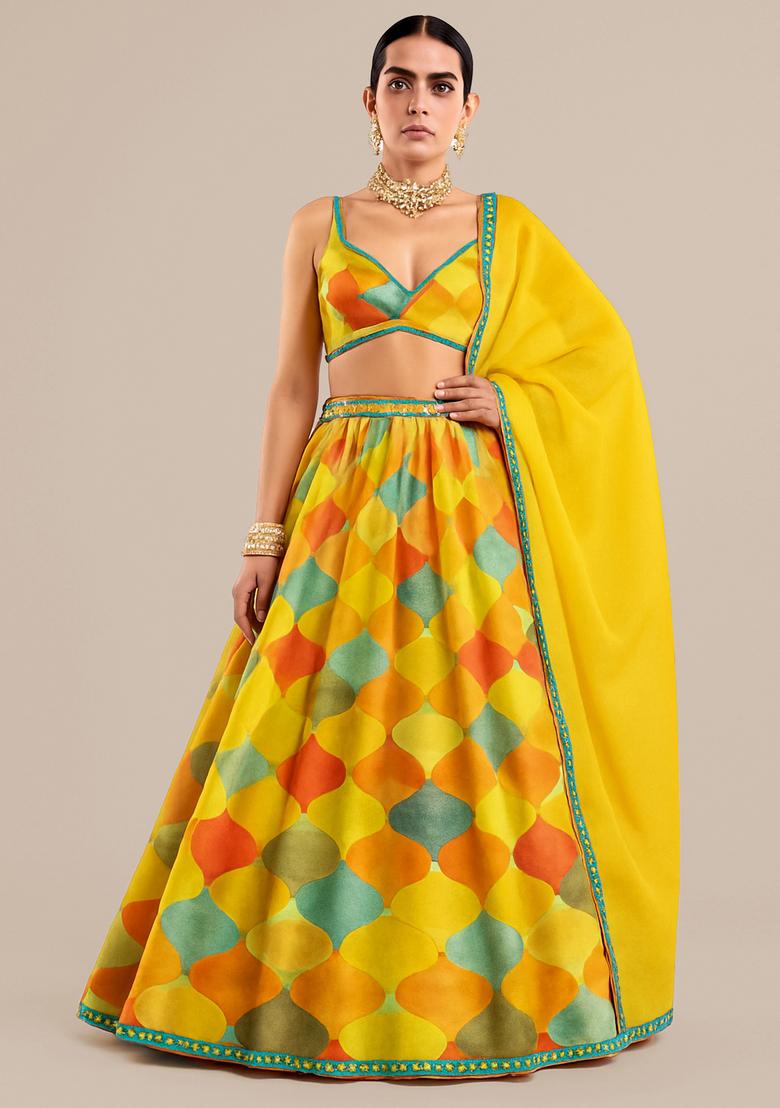 Yellow Printed Organza Lehenga Set