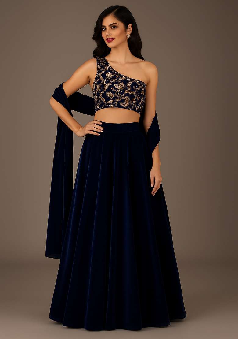 Navy Blue Embroidered Blouse Georgette Lehenga Set - Indya