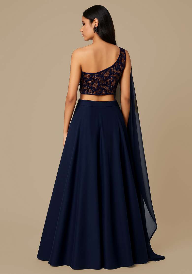 Navy Blue Embroidered Blouse Georgette Lehenga Set - Indya