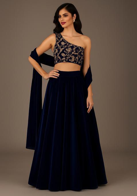 Navy Blue Embroidered Blouse Georgette Lehenga Set