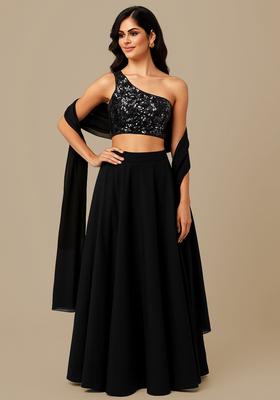 Black Embroidered Blouse Georgette Lehenga Set