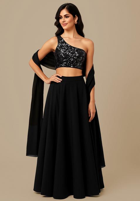 Black Embroidered Blouse Georgette Lehenga Set