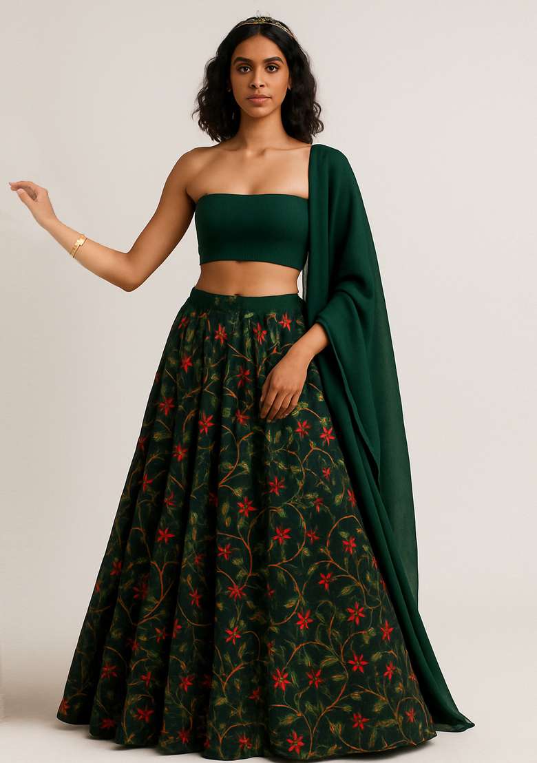 Dark Green Embroidered Organza Silk Lehenga Set - Indya