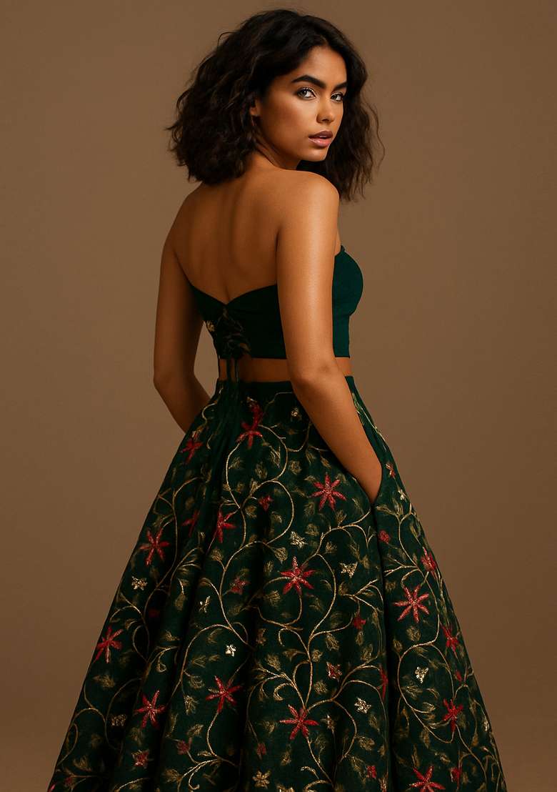 Dark Green Embroidered Organza Silk Lehenga Set - Indya