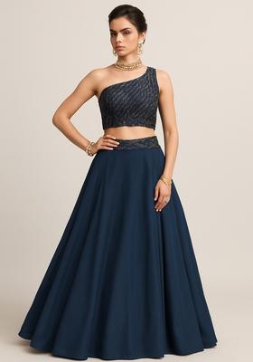 Grey Embroidered Blouse Net Lehenga Set
