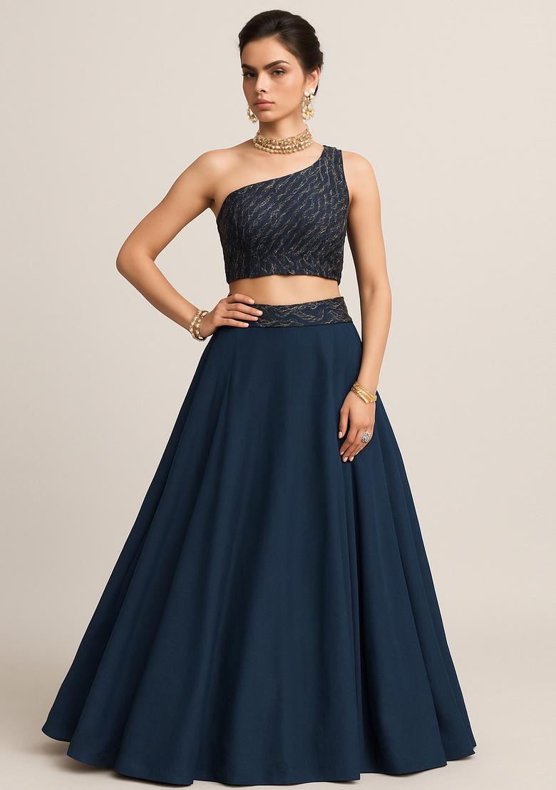 Grey Embroidered Blouse Net Lehenga Set