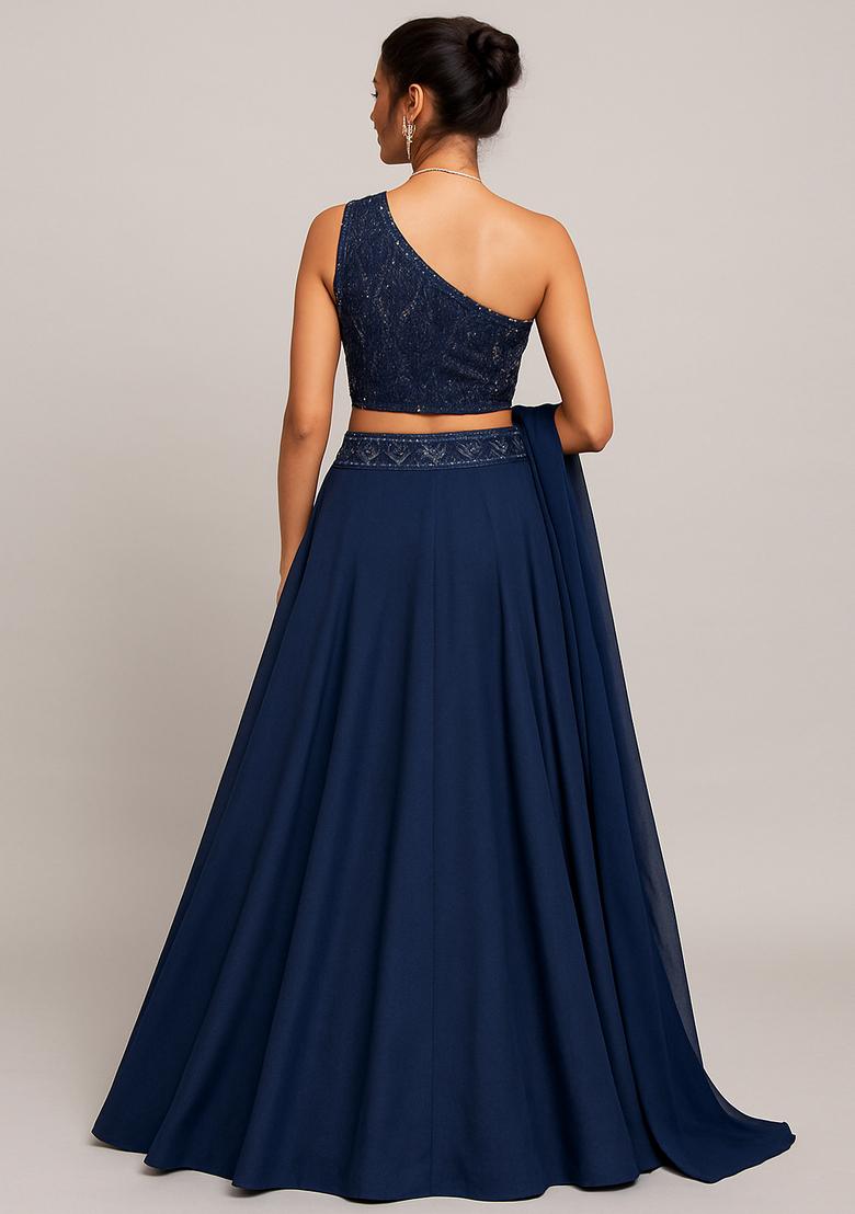 Grey Embroidered Blouse Net Lehenga Set