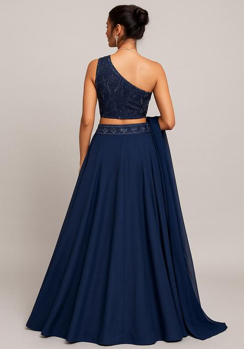 Grey Embroidered Blouse Net Lehenga Set