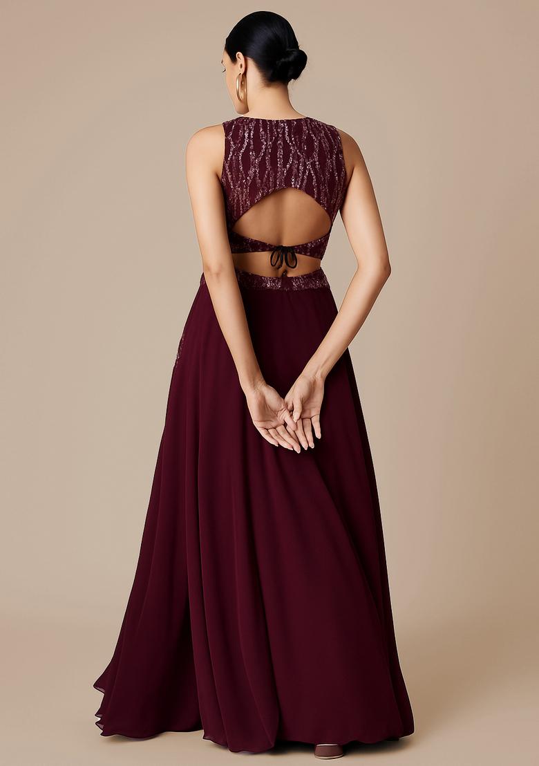 Wine Embellished Blouse Georgette Lehenga Set